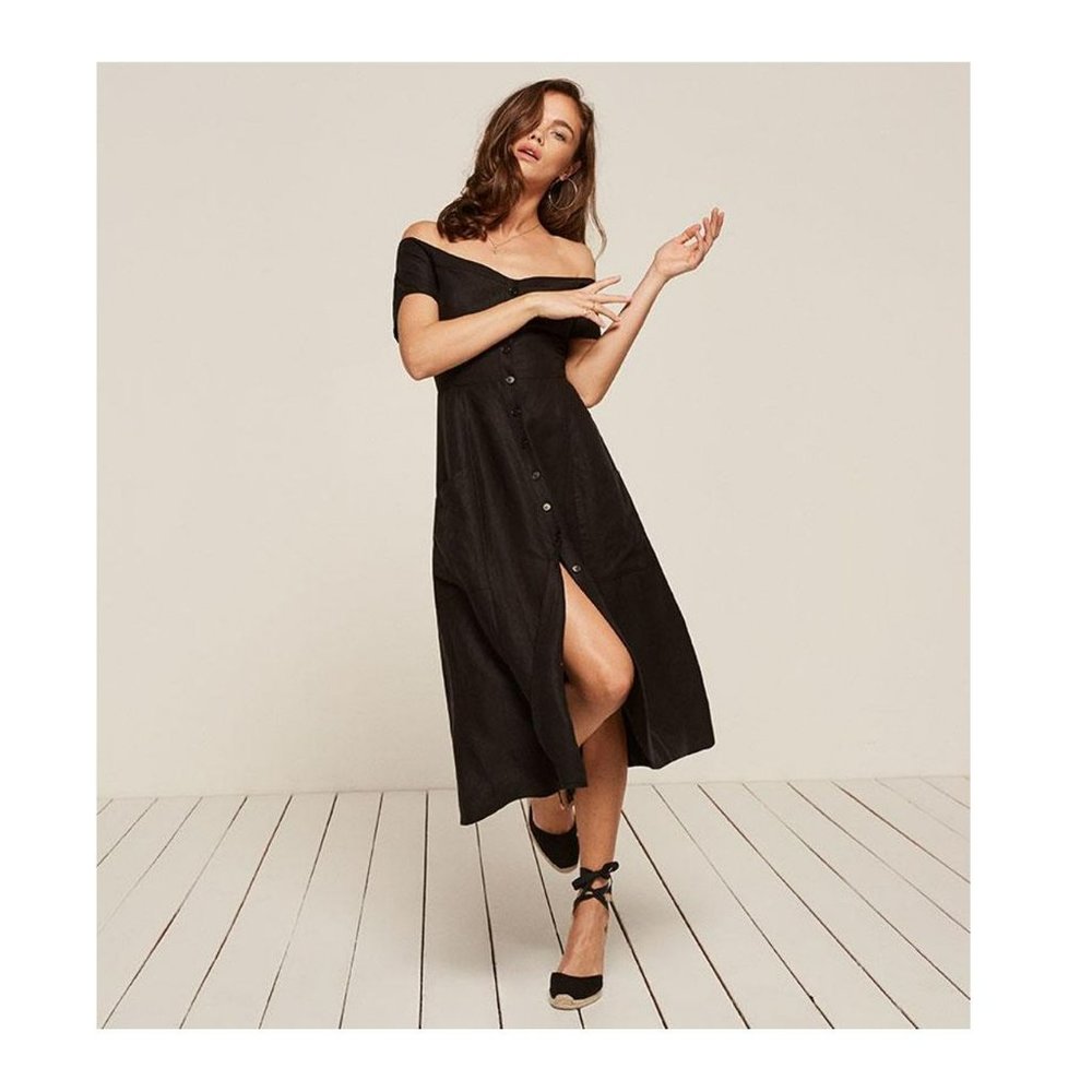 Reformation Mariposa Dress Black Fit & Flare 50s Audrey Hepburn ASO Selena Gomez